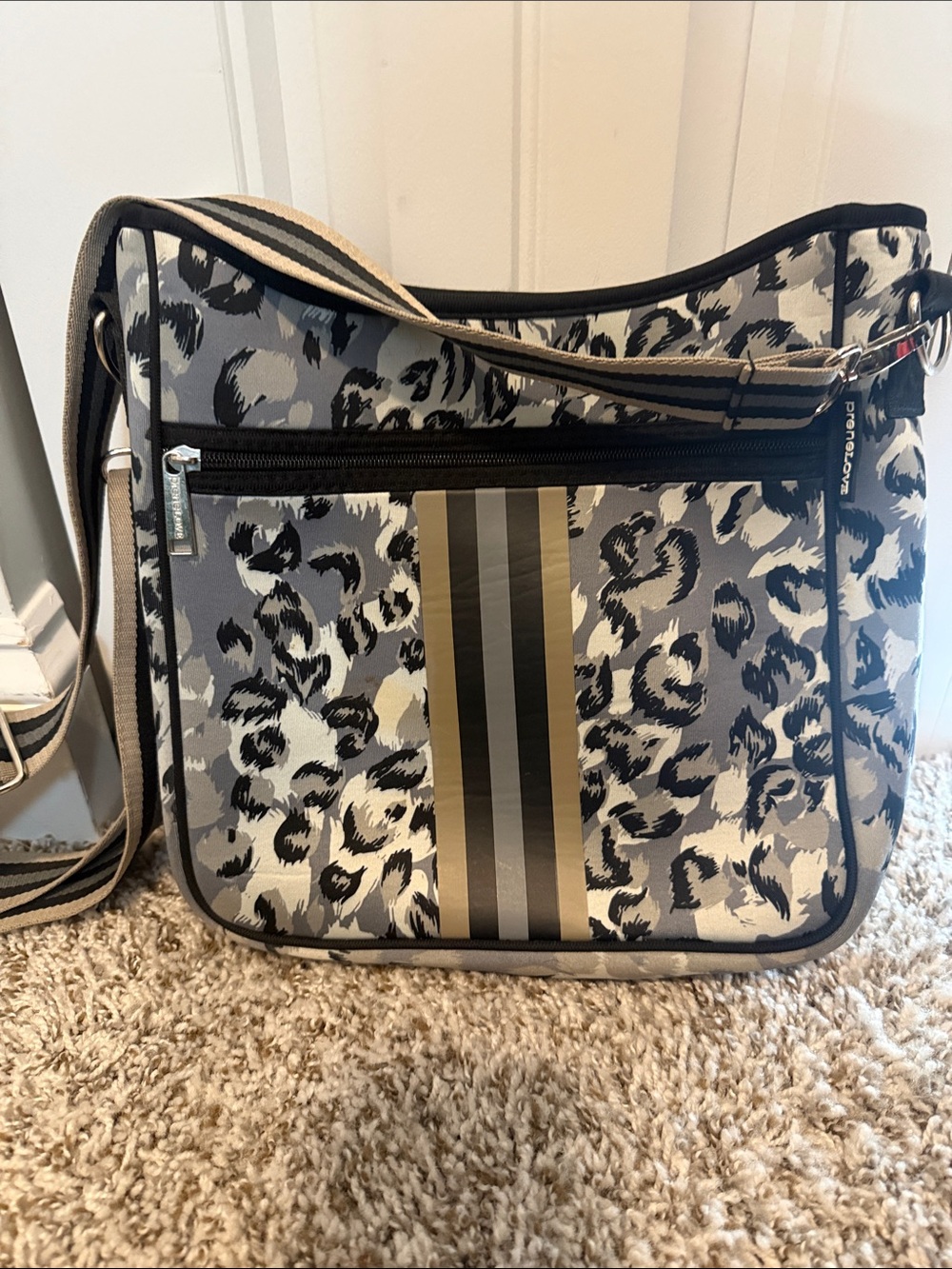 Neutral Leopard-Print Crossbody Bag with Striped Accent